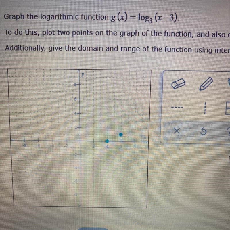 Starting from scratch, need 5 coordinates to graph the logarithmic function shown-example-1