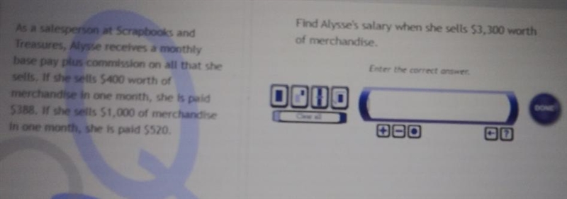 Find Alysse's salary when she sells $3,300 worth of merchandise. Enter the correct-example-1