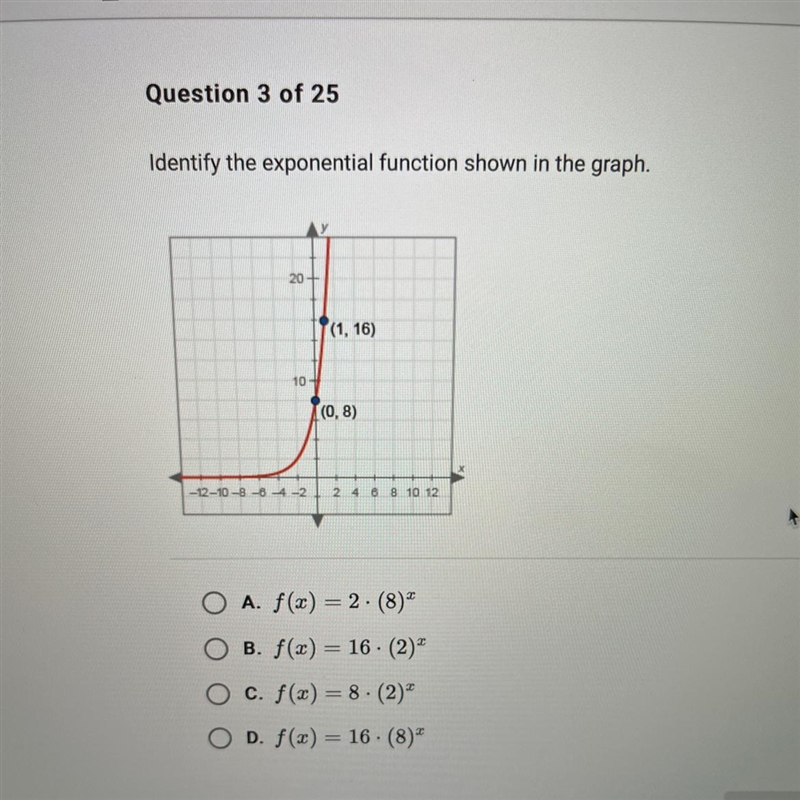 HELP Identify the exponential function shown in the graph-example-1