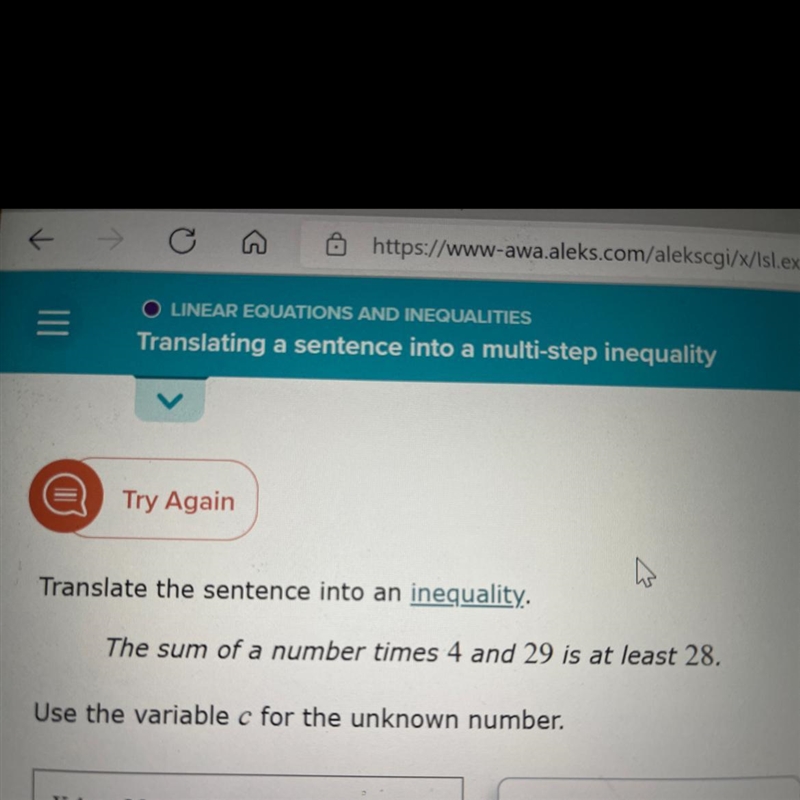 The sum of a number times 4 and 29 is at least 28. Use variable C for the unknown-example-1