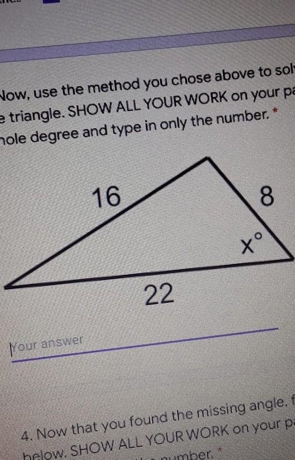 use the Law of Cosine to solve for the missing angle in the triangle. Round to the-example-1