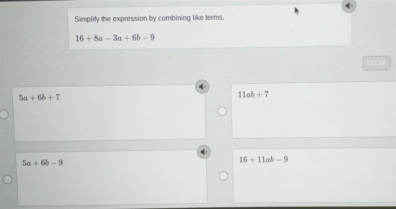 Simplify the expression by combining like terms 16 + 8a - 3a + 6b - 9-example-1