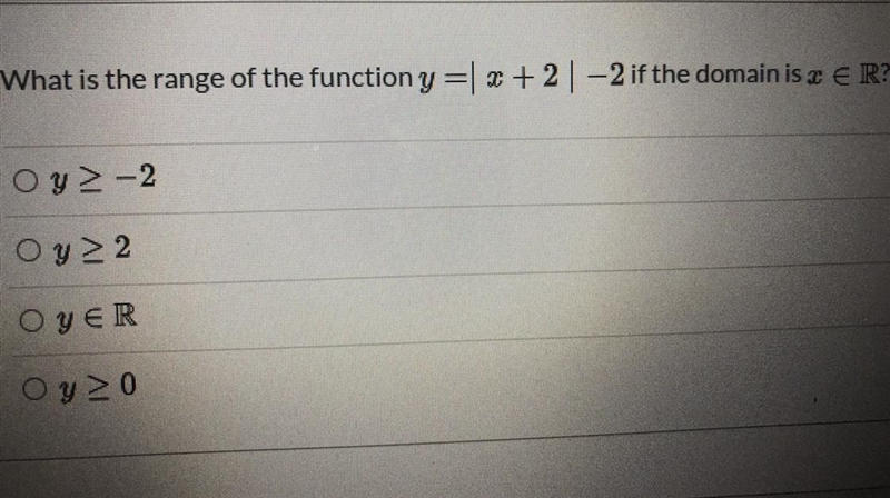 What is the range of the function y=|x+2| -2 if the domain is x e R-example-1