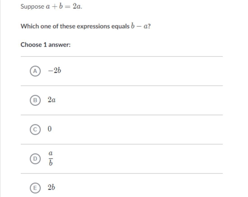 Suppose a + b= 2aWhich one of these expressions equals b - a-example-1