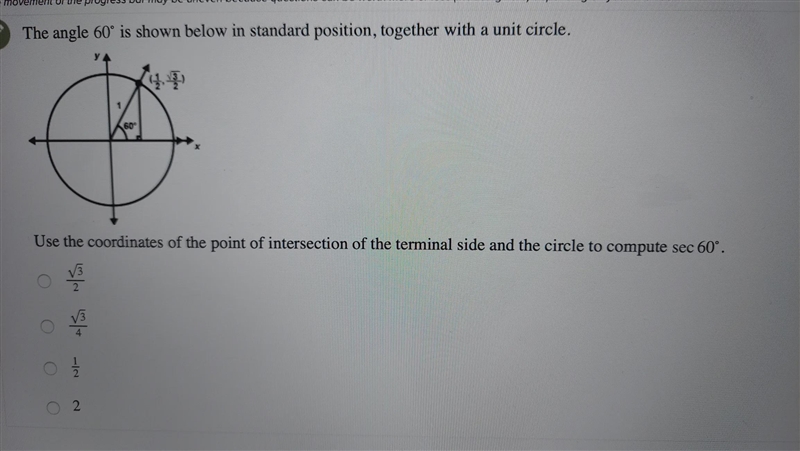 The angle 60° is shown below in standard position, together with a unit circle. a-example-1