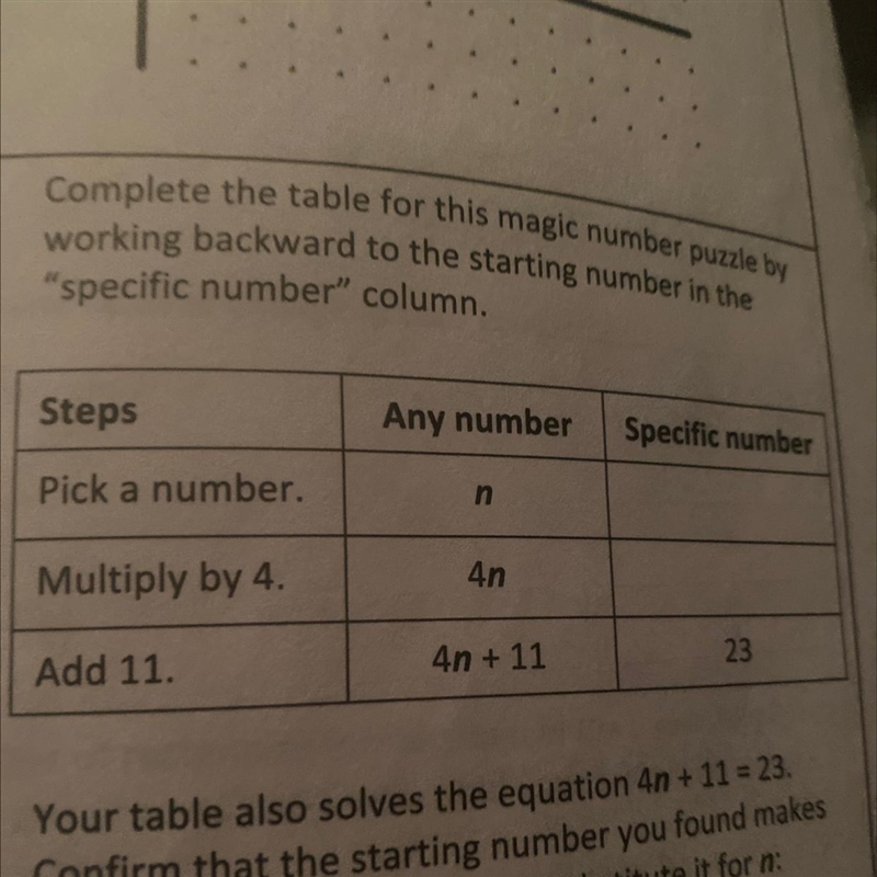 Complete the table for this magic number puzzle by working backward to the starting-example-1