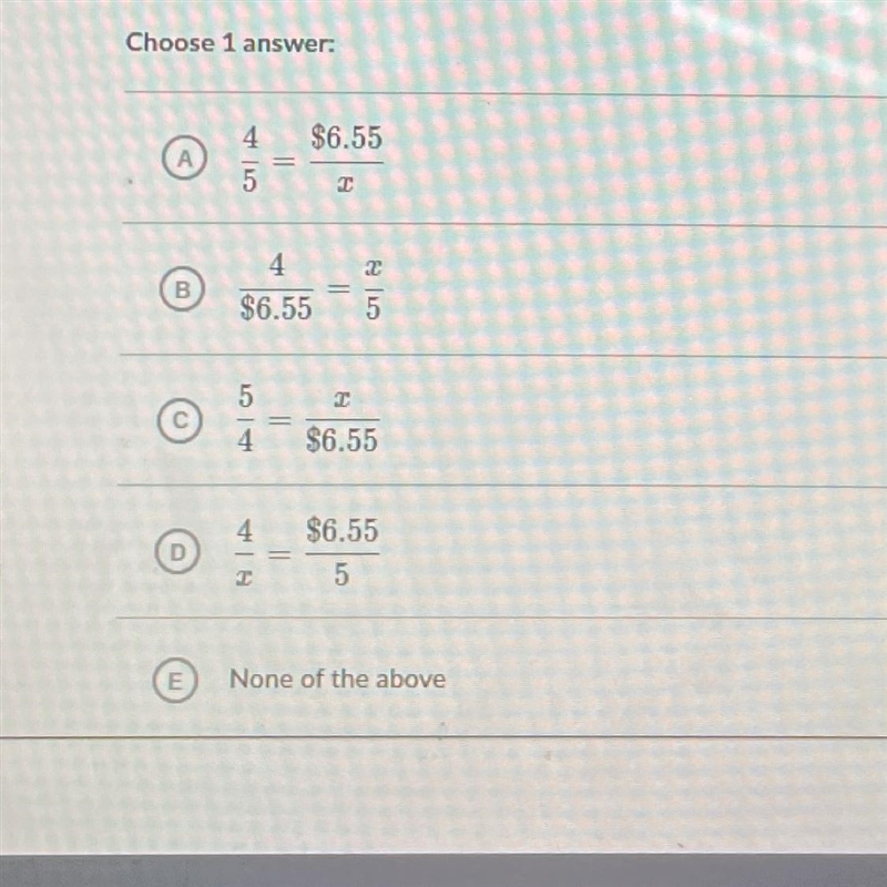 5 markers cost $6.55.Which equation would help determine the cost of 4 markers?-example-1