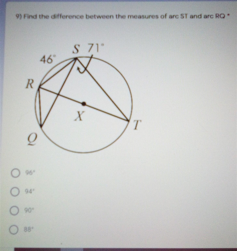 Find the difference between the measures of arc ST and arc RQ.-example-1