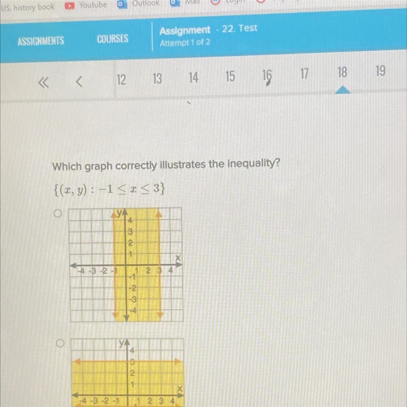 Which graph correctly illustrates the inequality? {(x, y): -1 ≤ x ≤ 3}-example-1