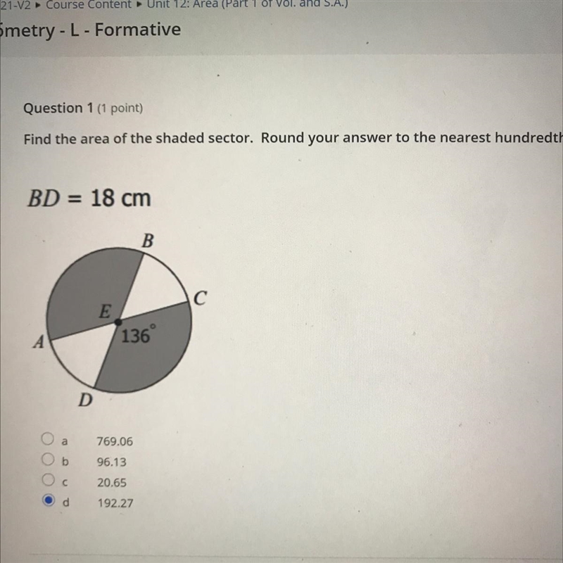 Find the area of the shaded sector. Round your answer to the nearest hundredth.BD-example-1