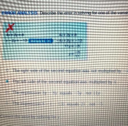 ERROR ANALYSIS Describe the error in solving for one of the variables in the linear-example-1