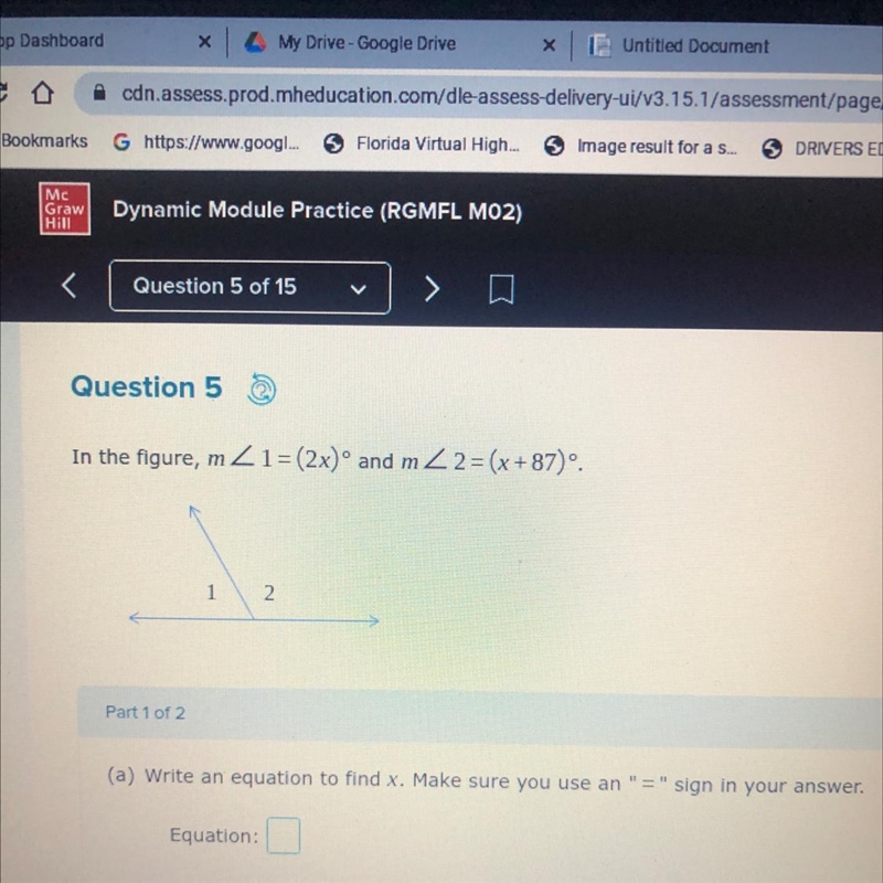 In the figure, m<1 = (2x)° and m<2 = (x+87)°. Write and equation to find x.-example-1