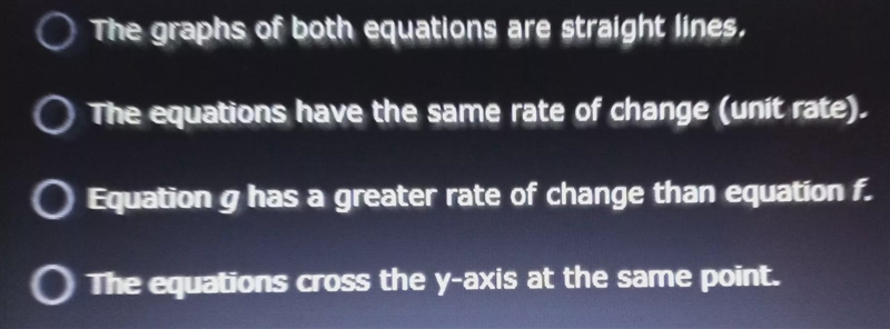 Two linear equations, f and g, have the same y-intercept. Equation f has a slope that-example-1