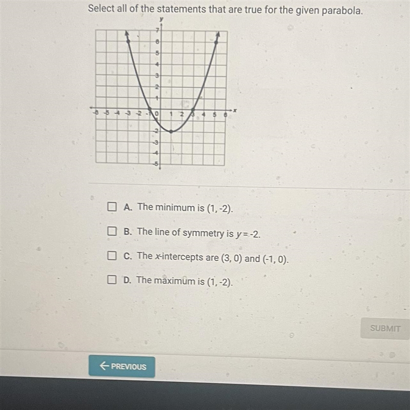 Select all of the statements that are true for the given parabola.65b164← PREVIOUS-example-1