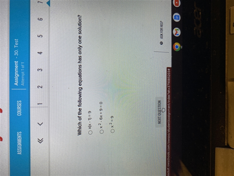 Which of the following equations has only one solutionx(x-1)=9,x^2-6x+9=0,x^2=9-example-1