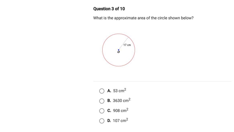 What is the approximate area of the circle shown below?-example-1