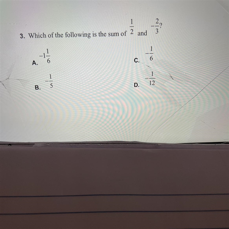 Which of the following is the sum of 1/2 and -2/3-example-1