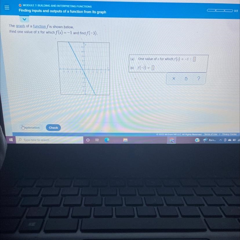 The graph of a function f is shown below. Find one value of x for which f(x) = - 1 and-example-1