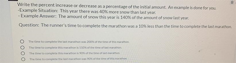 The runners time to complete the marathon was 10% less than the time to complete the-example-1