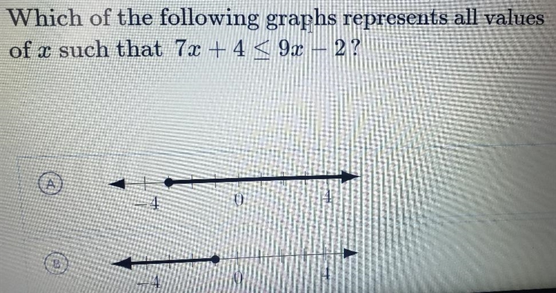 Which of the following graphs represents all values of such that 7x+4 < 9.r - 2 ?-example-1