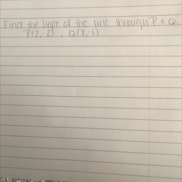 Find the slope of the line through P and Q. P (2, 2) Q(8,-1)-example-1