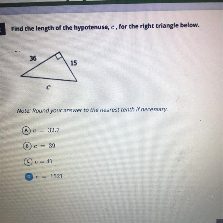 Finding length of hypotenuse d is marked bc I jus needed to press an answer-example-1