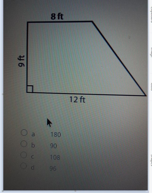 A parallelogram has a side of 8ft 9ft and 12ft what is the answer a 180 b 90 c 108 d-example-1