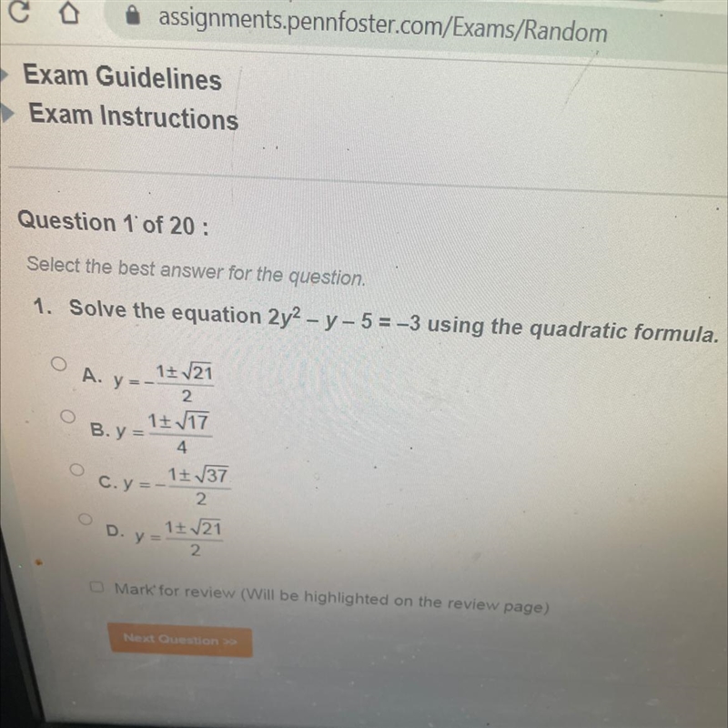 Question 1 of 20 : Select the best answer for the question. 1. Solve the equation-example-1