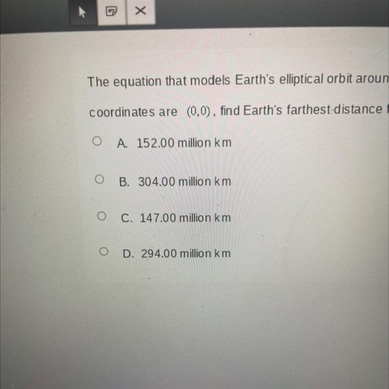 The equation that models Earth's elliptical orbit around the sun is (x+2.5)^2/22,350.25+y-example-1