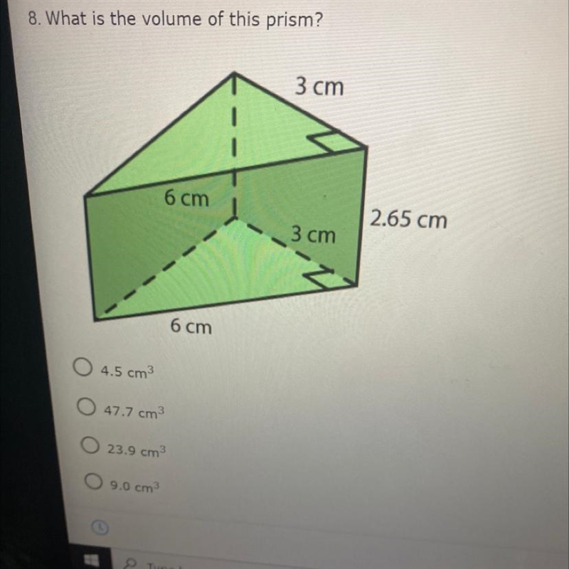 What is the volume of this prism? A. 4.5 cm B. 47.7 cm C. 23.9 cm3 D. 9.0 cm3-example-1