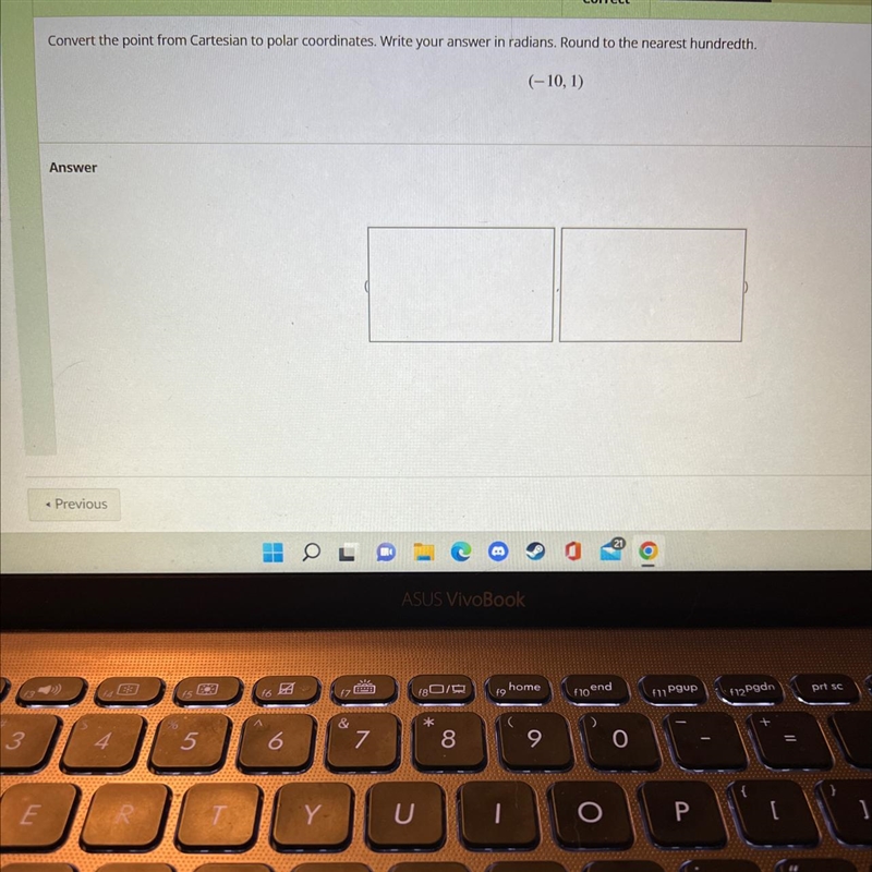 Convert the point from Cartesian to polar coordinates. Write your answer in radians-example-1