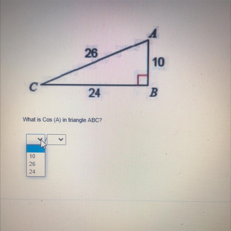 What is the Cos (A) in triangle ABC? /10 1026 2624 24-example-1