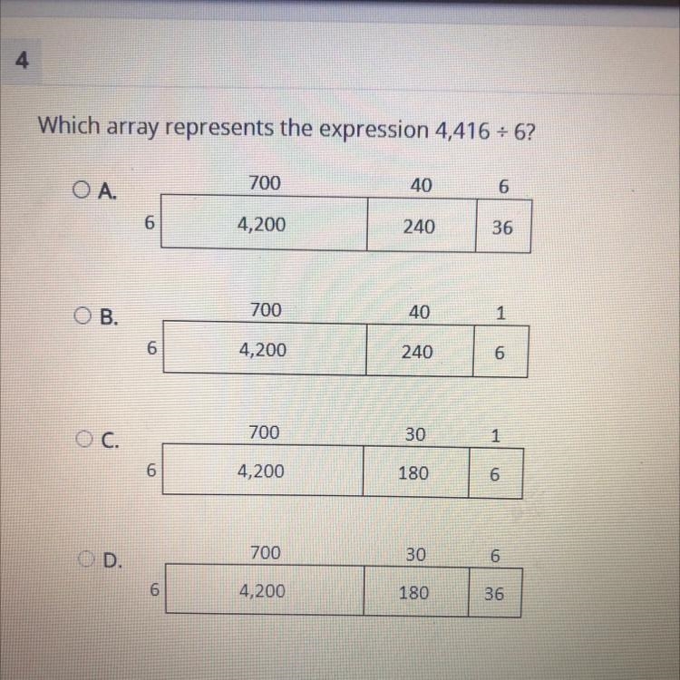 Which array represents the expression 4,416 + 6?-example-1