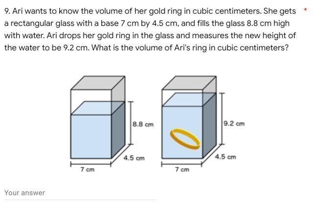 Ari wants to know the volume of her gold ring in cubic centimeters. She gets a rectangular-example-1