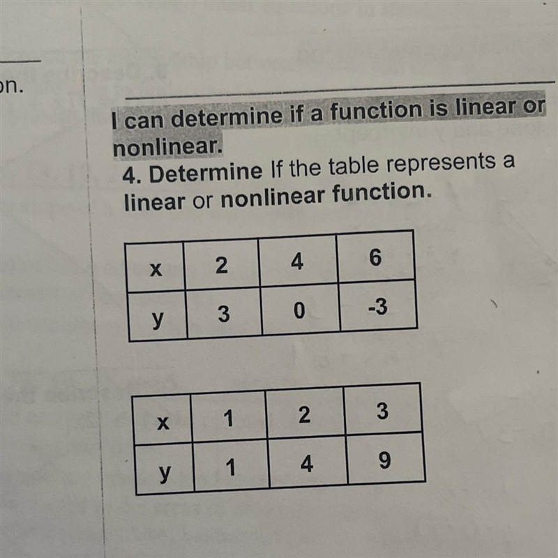 I can determine if a function is linear or nonlinear. 4. Determine if the table represents-example-1