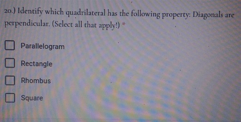 Identify which quadrilateral has the following property: Diagonals are perpendicular-example-1