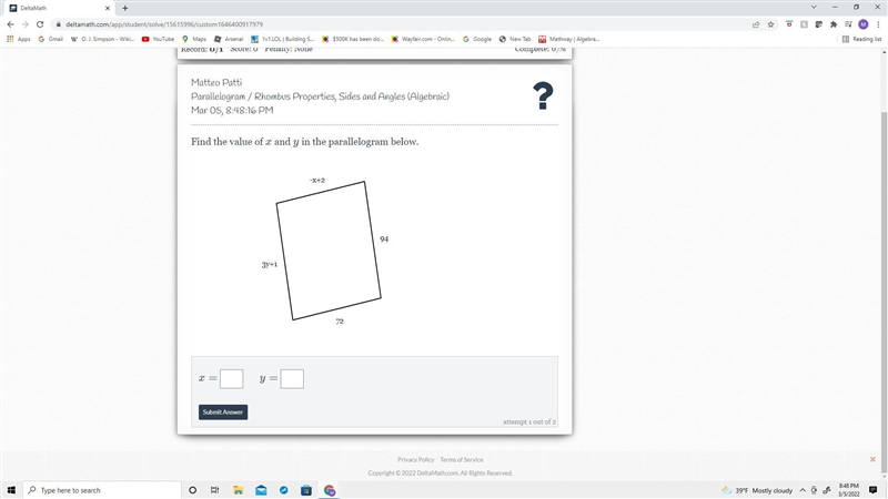 Find the value of x and y in the parallelogram below.-example-1