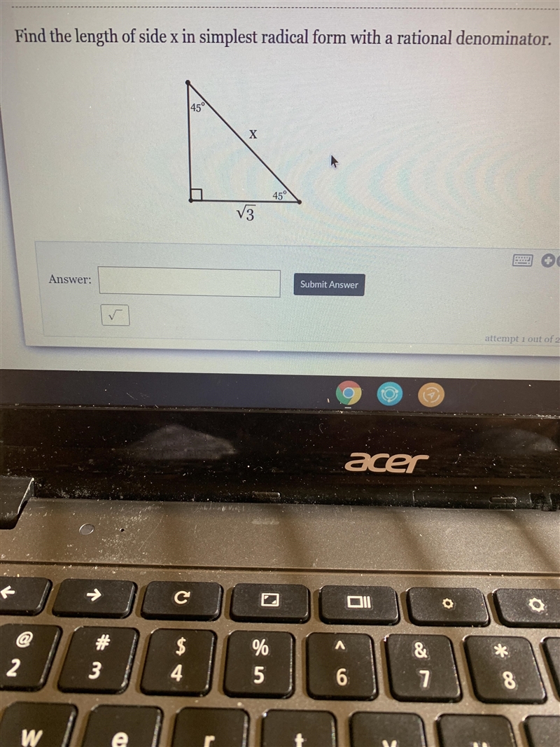 Find the length of side x in simplest radical form with a rational denominator.45х-example-1