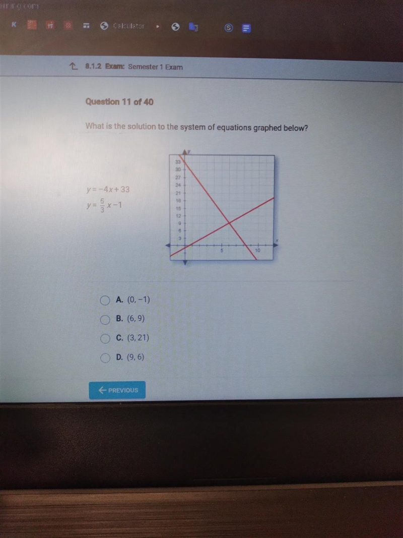 What is the solution to the system of equations graphed below? 27 y = -4x+33 y=x-1 N-example-1