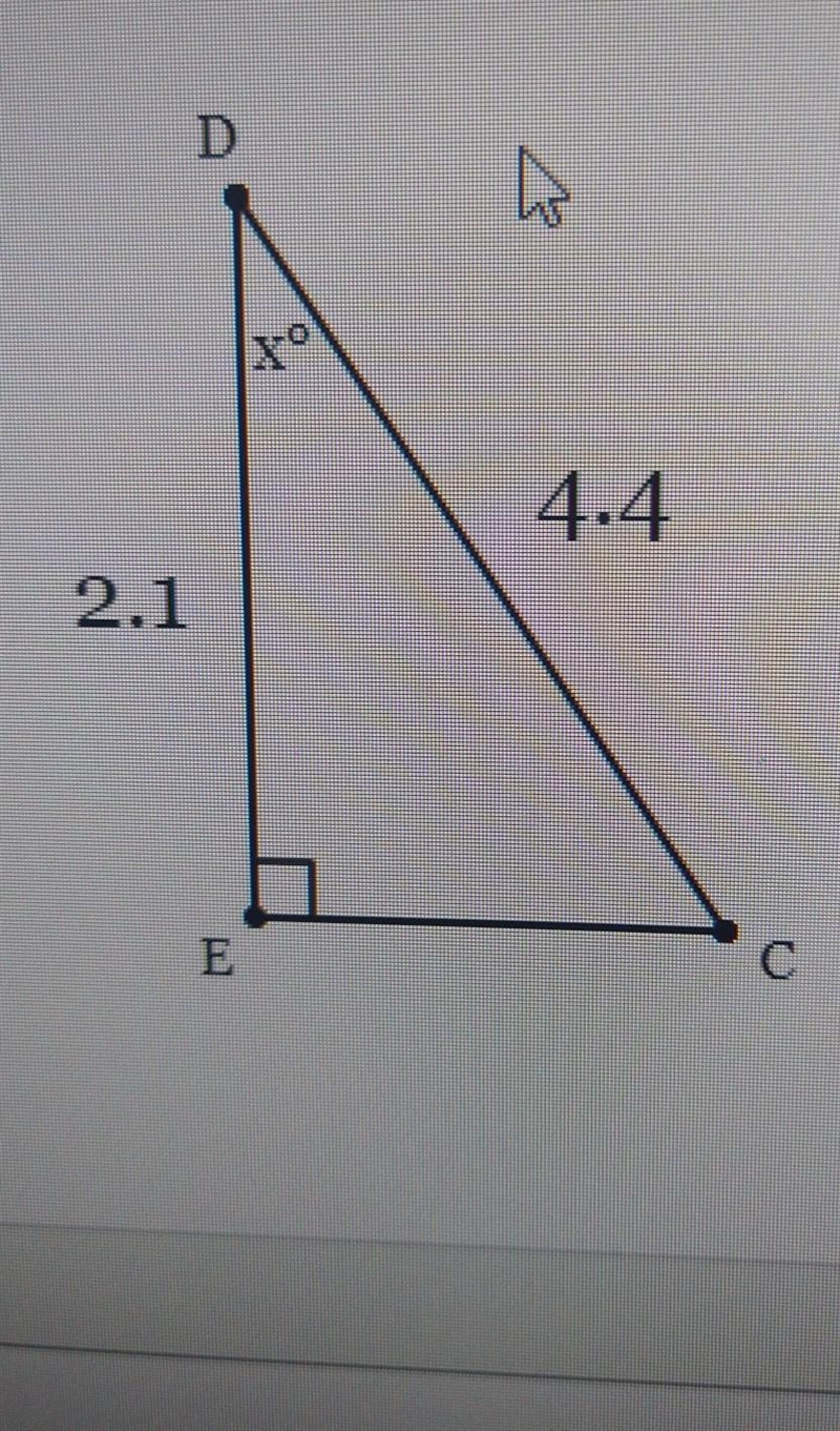 In ∆CDE, the measure of < E =90°, DE=2.1 feet, and CD=4.4 feet. find the measure-example-1