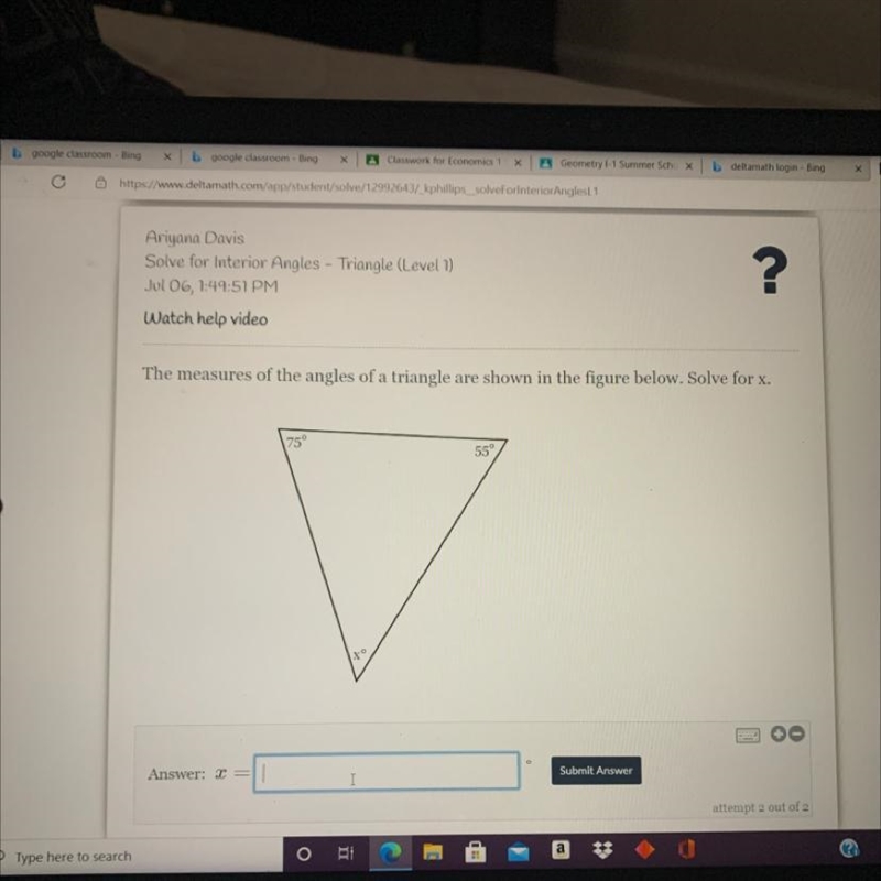 The measures of the angles of a triangle areshown in the figure below. Solve for x-example-1