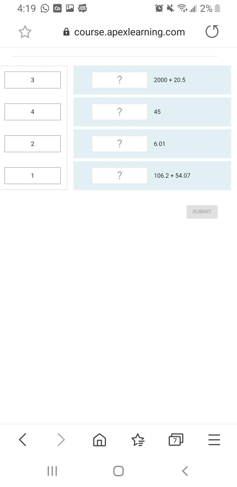 Match the number of significant figures to the value or problem.2000 + 20.5 3 45. 4 6.01. 2106.2 + 54.07 1-example-1