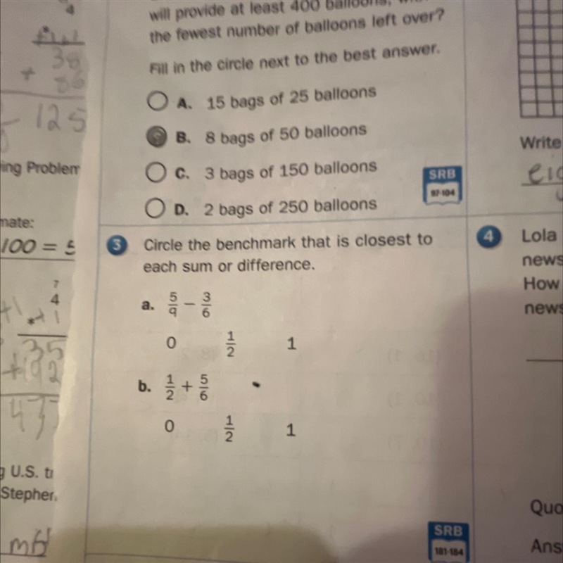 Circle the benchmark that is closest to each sum or different and it’s number 3-example-1