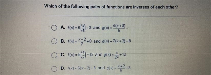 Which of the following pairs of functions are inverses of each other?5%+8A. 10)--(1)-3 and-example-1