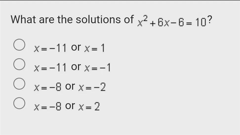 What are the solutions of {x}^(2) + 6x - 6 = 10.-example-1