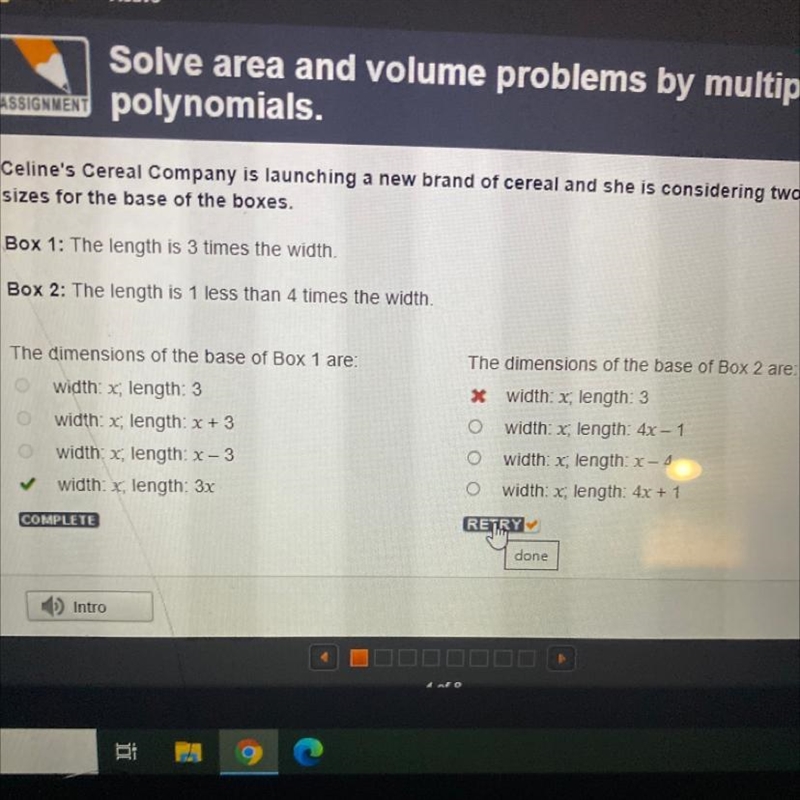 The dimensions of the base of Box 2 are:O width: x; length: 3width: x; length: 4x-example-1