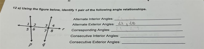 Using the figure below identify 1 pair of the following angle relationships-example-1