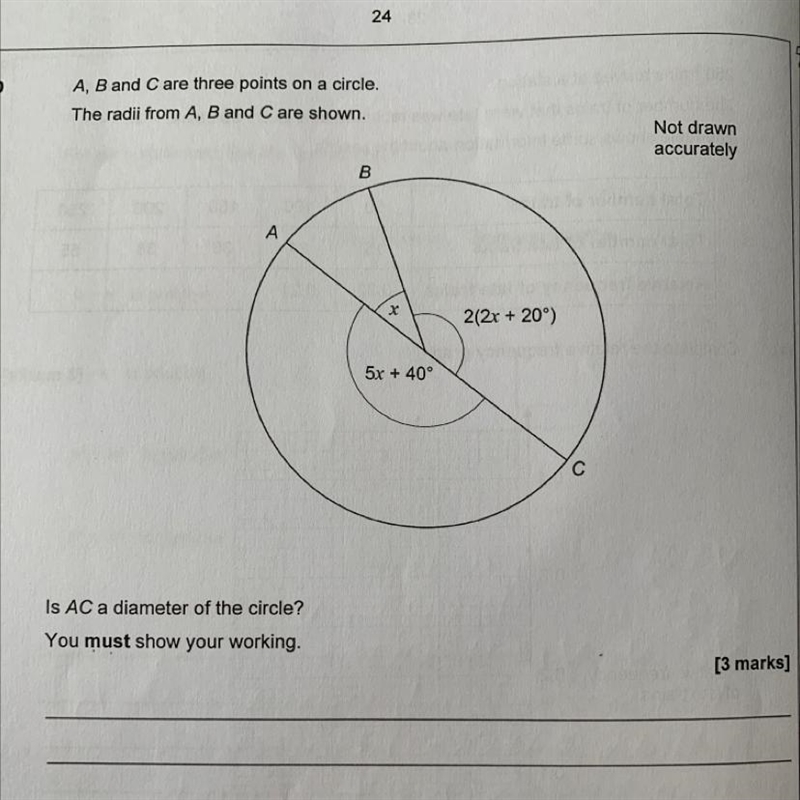 A, B and C are three points on a circle. The radii from A, B and C are shown. B X-example-1