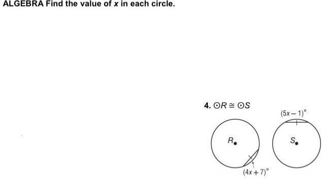 Arcs and ChordsALGEBRA Find the value of x in each circle.1.2.384x+10=384x=28QX=74x-example-1