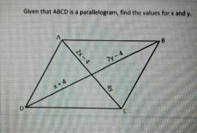 Given that ABCD is a parallelogram, find the values for x and y.-example-1